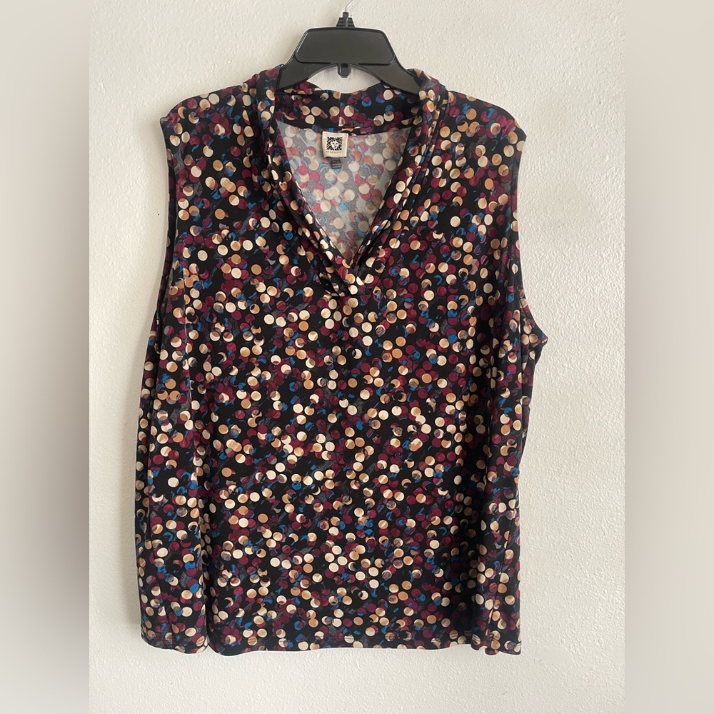 Anne Klein Black Sleeveless V-Neck Polka Dot Camisole with Multicolor Dots